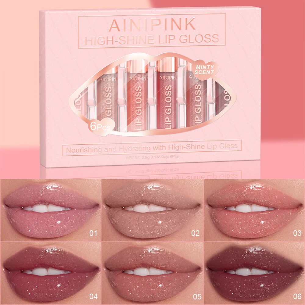 Shimmer Glitter Lip Gloss Lipstick 1pc/6pc/set Waterproof Moisturizing Jelly Hydrating Plumping Nude Y2K Daily&Party Makeup Gift